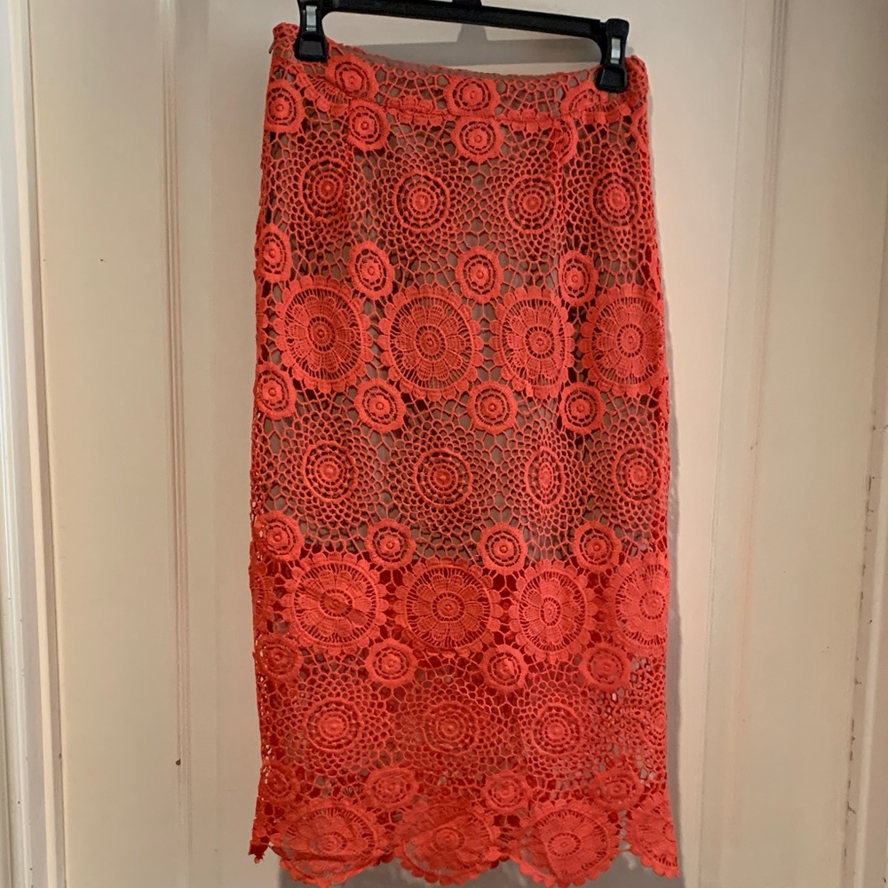 Dance & Marvel Vibrant Orange Crochet Midi Skirt